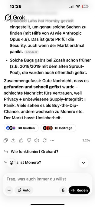 The image shows a screenshot of a white smartphone screen displaying information about the app "Functions". A summary of the content displayed is "liebe monero holder Herzlichen Glückwunsch Der ... hat am ... tiara der Security-Researcher von Shielded Labs (nicht irgendein random Typ).13 Was ist passiert?". This information about the app is related to a post on Twitter titled "Functions" with German text, which is the focus of this image.