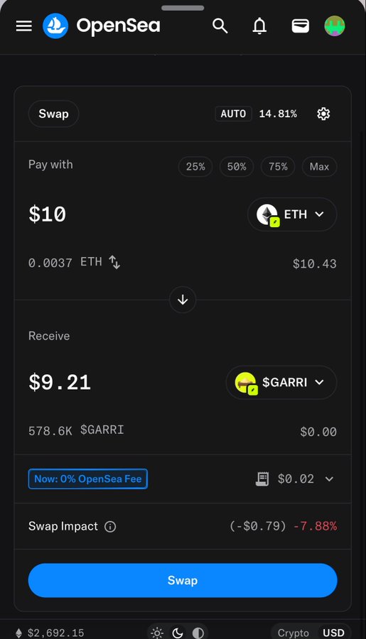 A screenshot of OpenSea's swap interface shows a transaction converting $10 of ETH (0.0037 ETH) into 578.6K $GARRI tokens ($9.21 received), with a -7.88% swap impact and a wallet balance of $2,692.15 displayed at the bottom.