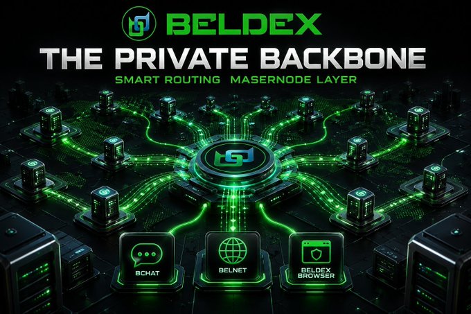 A futuristic digital graphic for 'BELDEX - THE PRIVATE BACKBONE' featuring smart routing and masternode layer technology, with icons for BChat, BelNet, and Beldex Browser.