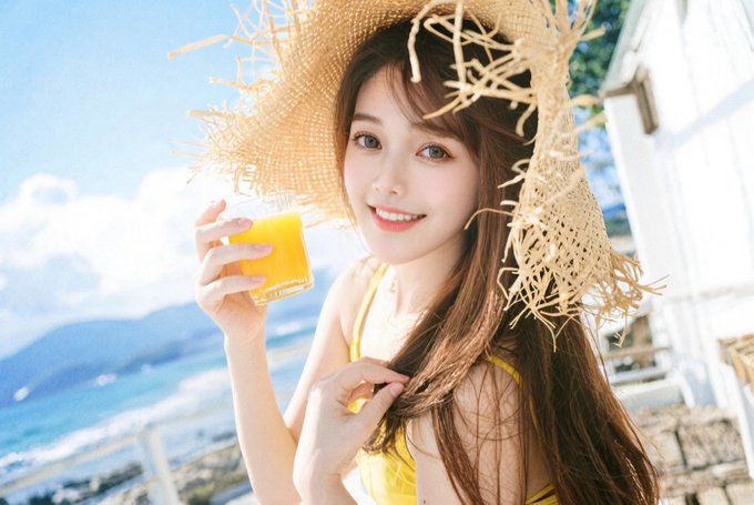 A young woman with long brown hair wearing a large frayed straw sun hat and a yellow bikini top holds a glass of orange juice, smiling against a beach backdrop with ocean and mountains.
