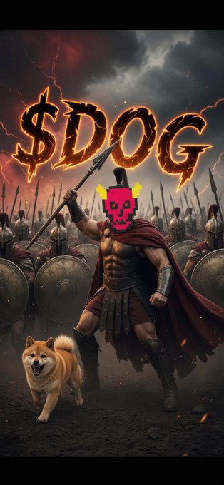 A dramatic movie poster-style image features a warrior in a red cape with a pink skull face, holding a spear, with the text '$DOG' prominently displayed above and a Shiba Inu dog at his feet.