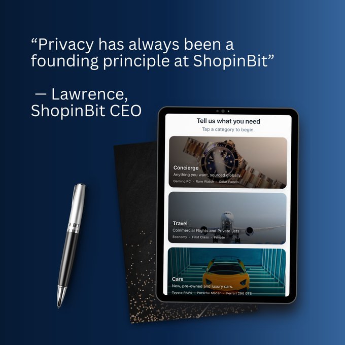 A ShopinBit promotional image featuring a quote from CEO Lawrence stating "Privacy has always been a founding principle at ShopinBit," alongside an iPad displaying the platform's categories for Concierge, Travel, and Cars.