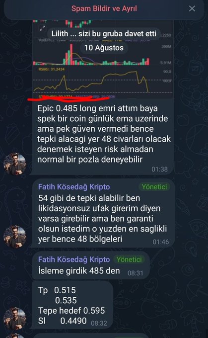 A Telegram chat screenshot showing a crypto trading group with Turkish messages discussing an 'Epic 0.485 long' trade entry and stop loss/take profit levels (Tp 0.515, 0.535, Tepe hedef 0.595, Sl 0.4490).