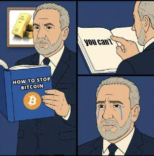 A four-panel comic features a caricature of a man resembling Peter Schiff reading a book titled 'HOW TO STOP BITCOIN' with a Bitcoin logo, crying as he turns pages reading 'YOU CAN'T'.