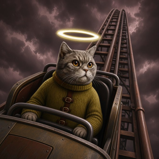 A stylized digital artwork of a gray tabby cat wearing a yellow sweater with a glowing golden halo, riding a roller coaster against a dramatic cloudy purple sky.