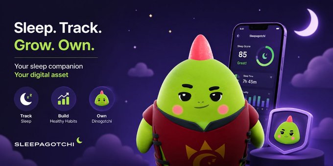 A promotional graphic for Sleepagotchi featuring a green dinosaur character with a red mohawk and cape alongside a smartphone displaying a Sleep Score of 85 and 7h 45m Sleep Time, with the tagline "Sleep. Track. Grow. Own." and features highlighting sleep tracking, building healthy habits, and owning a Dinogotchi. The image visually supports the post's emphasis on real-world utility by showing how the NFT characters are directly integrated into a functional sleep-tracking app that users engage with daily.