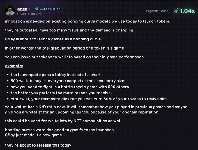 A screenshot of a Twitter post by @rick (Alpha Caller) from August 6th discussing how $flaunch is reimagining token launches by gamifying the bonding curve model, turning the pre-graduation period into a competitive game where wallets battle royale-style for token allocations based on in-game performance and K/D ratios, potentially usable for NFT whitelists. The post aligns with the accompanying message praising a good summary of the flay/flaunch thesis, highlighting the innovation over traditional outdated bonding curves.