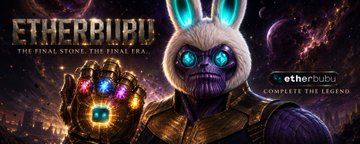 Promotional banner for "ETHERBUBU: THE FINAL STONE. THE FINAL ERA." featuring an Infinity Gauntlet and a character in bunny ears, with "complete the legend" branding.