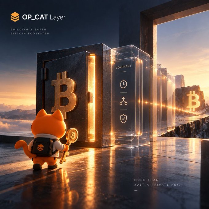 A promotional graphic for "OP_CAT Layer" featuring the tagline "BUILDING A SAFER BITCOIN ECOSYSTEM" alongside a cute orange cat character standing before glowing Bitcoin vaults, with the text "MORE THAN JUST A PRIVATE KEY."