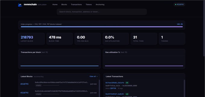 Screenshot of the nvrmchain blockchain explorer dashboard displaying the latest block #218793, with metrics including 478ms block time, 0.00 TPS, 0.0% gas utilization, 31 total txns, and 1 token.