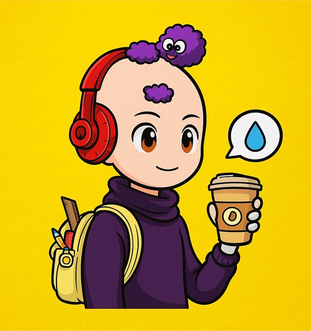 A cartoon illustration of a bald character with purple brain-like puffs on their head, wearing red headphones and a purple hoodie, holding a coffee cup with a water droplet speech bubble.