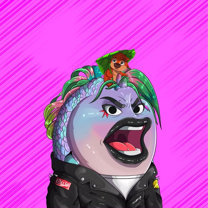 A cartoon fish-like character wearing a leather jacket with a "LUG" pin has a small orange creature perched on its head, set against a pink striped background, illustrating a playful take on the b00gles NFT mint announcement with a tongue-in-cheek vibe about eligibility.