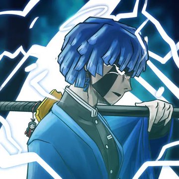 An anime-style illustration of a blue-haired character holding a sword, with lightning effects in the background.