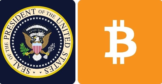 A split graphic pairs the Seal of the President of the United States on a dark blue background with the Bitcoin (₿) logo on an orange background, visually illustrating the connection between U.S. government-linked wallets and the movement of 24.4 BTC (~$1.9M) from an FTX/Alameda-linked address as noted in the post.