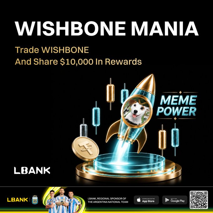 This promotional graphic announces "WISHBONE MANIA," inviting users to trade the $WISHBONE meme coin on LBank and share in $10,000 in rewards, featuring a rocket ship with a dog (likely the mascot) soaring past candlestick charts alongside the "MEME POWER" tagline, directly visualizing the post's message about a new meme coin mascot and reward campaign.