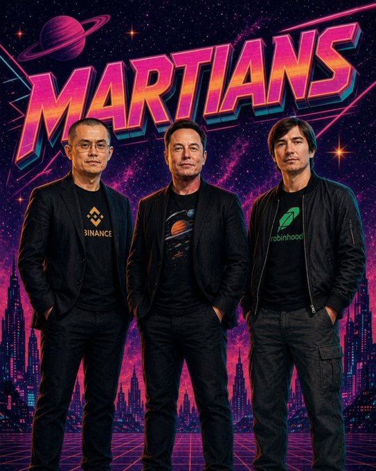 A retro-style poster titled 'MARTIANS' depicting three men (resembling Changpeng Zhao of Binance, Elon Musk, and a figure in a Robinhood shirt) against a neon synthwave cityscape with a Saturn-like planet.