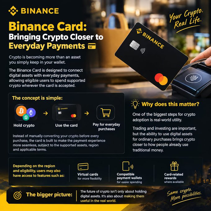 A Binance promotional infographic titled "Binance Card: Bringing Crypto Closer to Everyday Payments" features a black Binance Mastercard being tapped at a payment terminal, alongside a three-step flow (Hold crypto → Use the card → Pay for everyday purchases) and additional features like virtual cards, compatible payment wallets, and card-related rewards, directly illustrating the post's message about enabling real-world crypto spending.