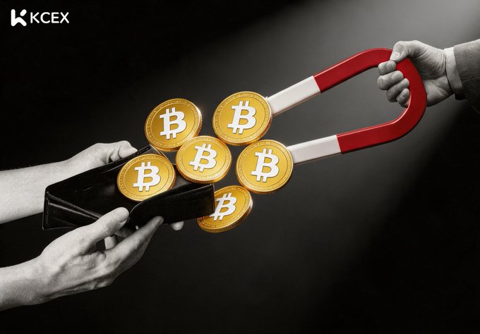 An advertisement with the KCEX logo showing hands using a magnet to attract Bitcoin coins from a wallet.