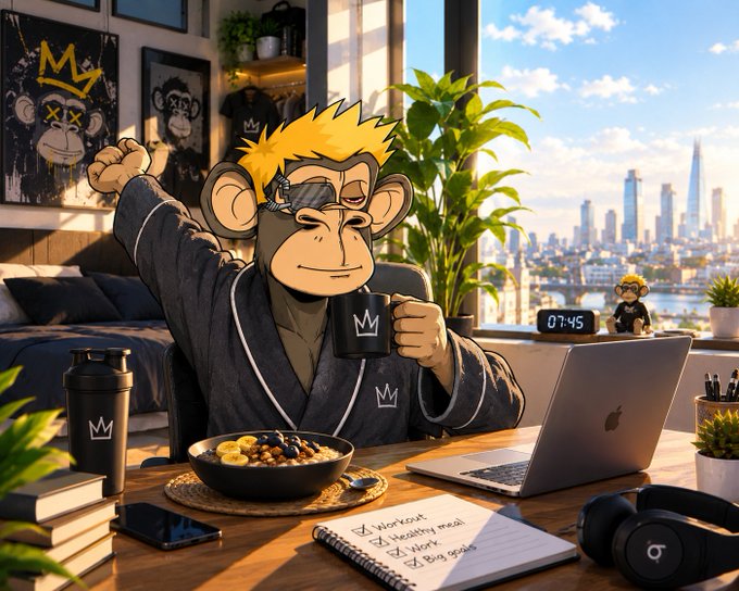 An animated monkey character wearing a bathrobe drinks from a mug at a desk with a laptop, breakfast bowl, and a checklist reading 'Workout', 'Healthy meal', and 'Buy goods'.