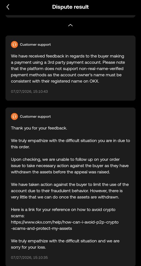 The image shows an OKX "Dispute result" page where customer support informed a seller that a buyer used a 3rd-party payment account (against platform rules) and withdrew the assets before the appeal, leaving little recourse for recovery. It illustrates the platform's vulnerability to P2P fraud, supporting the post's argument that a safer alternative like the #ICP MultiDex is needed to protect users from such scams.