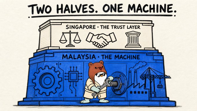 A cartoon shows a bear mascot operating machinery under a two-tiered structure labeled "SINGAPORE • THE TRUST LAYER" (top, featuring scales, handshake, and pillars) and "MALAYSIA • THE MACHINE" (bottom, featuring gears, factories, and cranes), with the headline "TWO HALVES. ONE MACHINE." The image visualizes the post's thesis: Singapore functions as the legal/trust/finance hub producing CEOs of Binance and TikTok, while Malaysia is the physical industrial backbone producing CEOs of Intel and Broadcom—two complementary roles in the same regional economy.