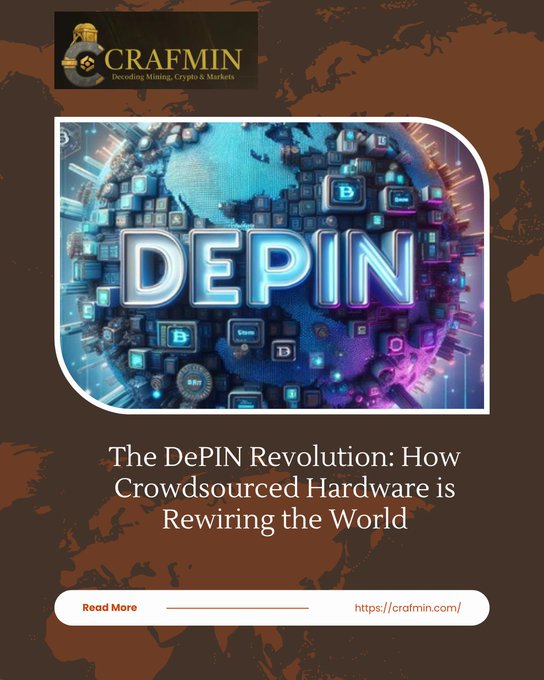 A promotional graphic for 'CRAFMIN' featuring the text 'DEPIN' over a globe made of tech icons, titled 'The DePIN Revolution: How Crowdsourced Hardware is Rewiring the World'.