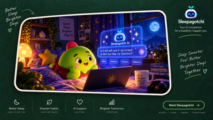 Promotional banner for 'Sleepagotchi' featuring a green turtle-like character in a cozy bedroom, with a chat interface reading 'Sleepagotchi's AI: Is it still self care if I go to bed at 3am but take my vitamins?!?' alongside the tagline 'Better Sleep, Brighter Days'.