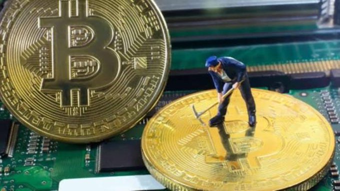 A conceptual image showing a miniature miner with a pickaxe standing on top of gold Bitcoin tokens, which rest on a green circuit board, illustrating cryptocurrency mining.