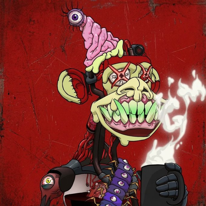 A grotesque cartoon illustration features a menacing green-skinned character with an oversized toothy grin, red cross-shaped eyes, and a detached eyeball-topped brain emerging from its head, set against a distressed red background, fitting the user's early-morning "coffee gang" vibe. The character's cybernetic enhancements, spiked accessories, and a hand holding a steaming black mug complement the post's "Coffee Gang" Friday morning theme.