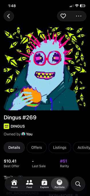 A mobile NFT marketplace app displays 'Dingus #269' from the DINGUS collection, valued at $10.41 Best Offer and ranked #51 in Rarity, showing a blue cartoon character with pink glasses holding a burger.