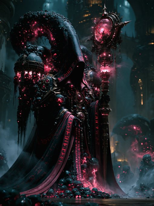 A dark, gothic fantasy illustration depicts a hooded figure holding an ornate staff with a glowing red orb, surrounded by dark, organic-looking structures in a shadowy environment.