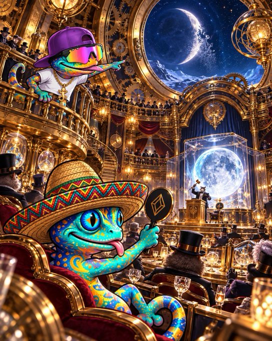 A vibrant digital illustration of colorful chameleons wearing sombreros and sunglasses in an opulent, steampunk-style theater with a large moon visible through the ceiling.