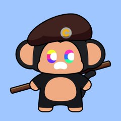 A cartoon monkey character wearing a brown beret and holding a wooden stick against a light blue background.