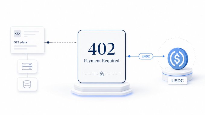 Diagram illustrating the HTTP 402 'Payment Required' status code workflow, showing a GET /data request leading to a 402 response and a USDC payment token.