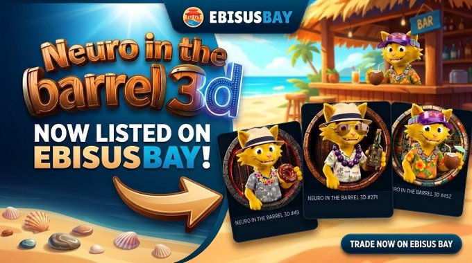 A promotional graphic for 'Neuro in the Barrel 3D' featuring cartoon fox characters, announcing its listing on EBISUSBAY.