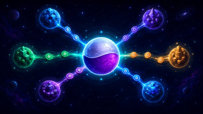 A digital artwork showing a glowing central orb connected to multiple smaller orbs by beams of light against a dark, starry cosmic background.