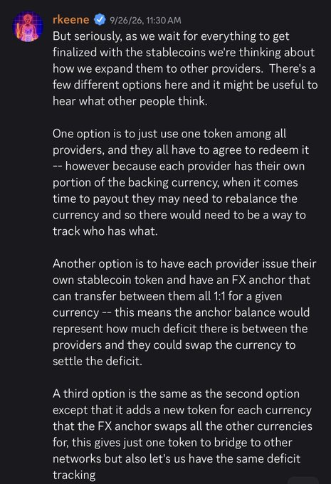A Discord message from user "rkeene" (Roy Keene) dated 9/26/26 discusses three options for expanding stablecoins across multiple providers, including: using a single shared token requiring collective redemption agreement, having each provider issue their own stablecoin with an FX anchor for 1:1 transfers, or a hybrid option with one bridging token per currency. The message is relevant to the accompanying post about Keeta testnet testing swaps between the ROY USD (RUSD) and KUSD stablecoins, as it outlines the FX anchor bridging mechanism Roy proposed for interoperability between different stablecoin providers.