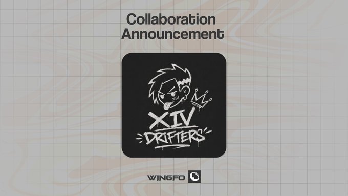 A "Collaboration Announcement" graphic featuring the XIV Drifters logo (a stylized skull character with a crown) alongside the Wingfo logo, promoting a giveaway for 4114 NFT mints on the Ethereum chain.