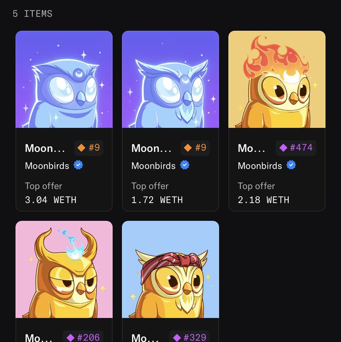 A digital marketplace interface displays five cartoon owl NFT items from Moonbirds with their top offers listed in WETH, including items #9, #474, #206, and #329.