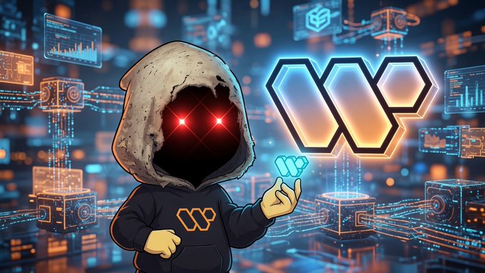An illustrated hooded figure with glowing red eyes holds glowing cryptocurrency symbols in a futuristic digital cityscape.