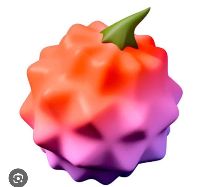 A 3D rendered illustration of a spiky, apple-like fruit with a gradient of red, pink, and purple colors and a green stem.