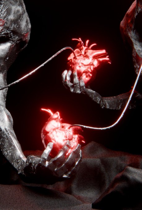 A dark, atmospheric 3D rendering shows two textured gray hands holding glowing red anatomical hearts connected by thin tendrils against a black background.