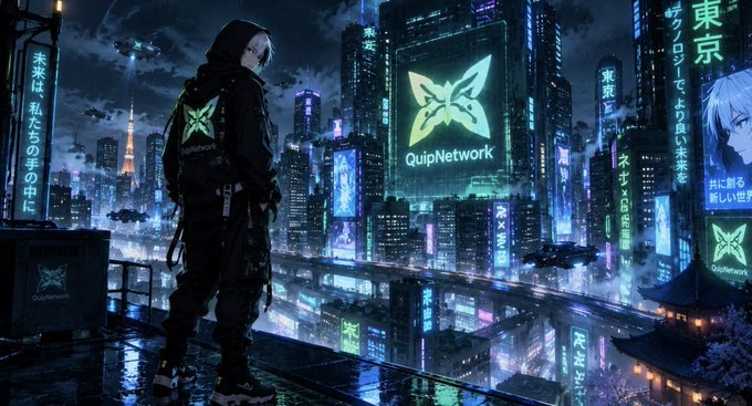 A cyberpunk-style anime illustration of a hooded figure overlooking a neon-lit Tokyo cityscape at night, with a large 'QuipNetwork' butterfly logo displayed on a building billboard.