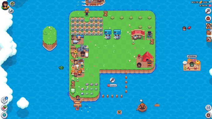 A pixel-art mobile game screenshot showing a top-down island base with various buildings, characters, boats in the water, and resources like wood and stone, with currency counters (63.7K, 120, 3.707K) in the top right corner.