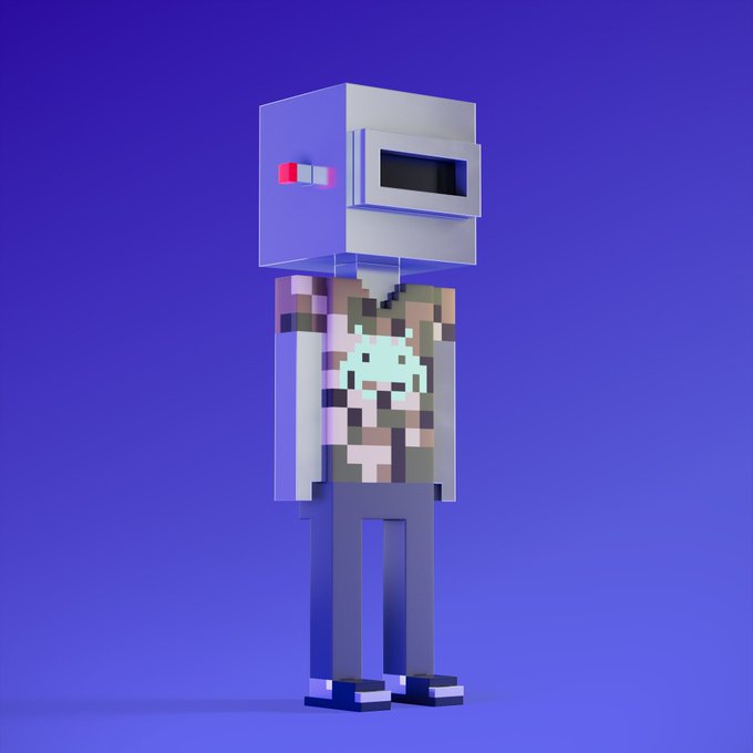 A Minecraft character skin featuring a figure with a large blocky head resembling a device with a red light and dark visor, wearing a pixelated shirt over a blue background.