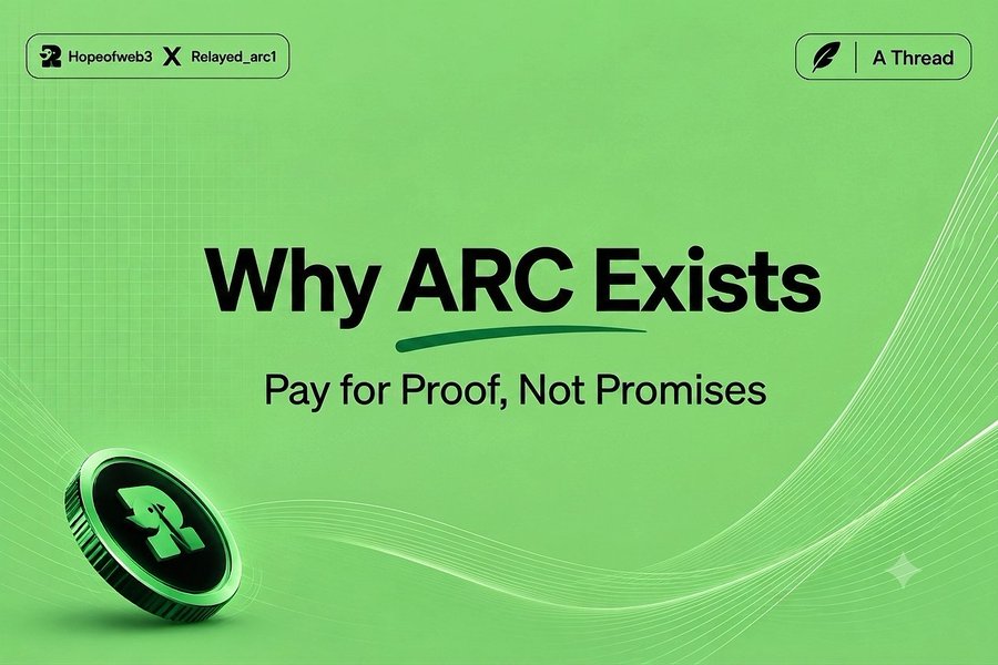 A green promotional graphic titled 'Why ARC Exists' with the subtitle 'Pay for Proof, Not Promises', featuring Hopeofweb3 and Relayed_arc1 branding alongside a 3D coin bearing a stylized 'R' logo.