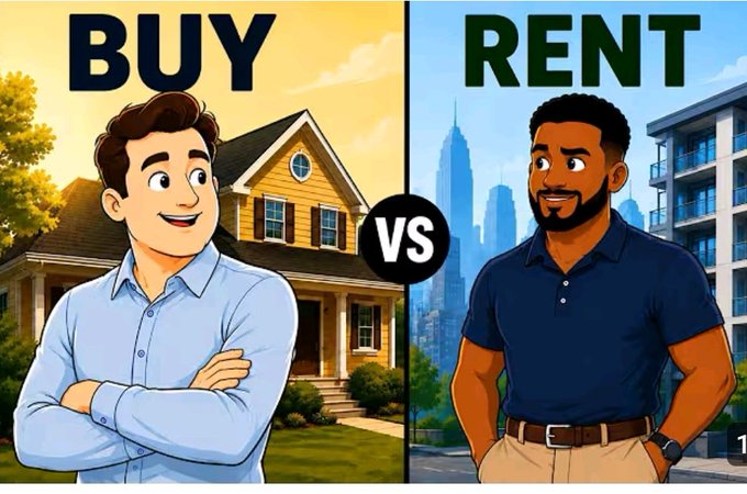 A split illustration comparing "BUY" and "RENT" options, showing a smiling man in a blue shirt beside a yellow house on the left, contrasted with a man in a dark polo shirt against an urban apartment skyline on the right, separated by a "VS" graphic.

The image visually frames the post's central dilemma of building long-term wealth, presenting the classic homeowner vs. renter decision while the text expands the debate to include stocks and crypto as alternative wealth-building strategies.
