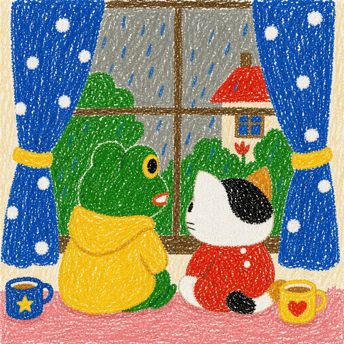 A crayon-style illustration of a green frog in a yellow raincoat and a black-and-white cat in a red coat sitting by a window watching the rain, with mugs nearby.