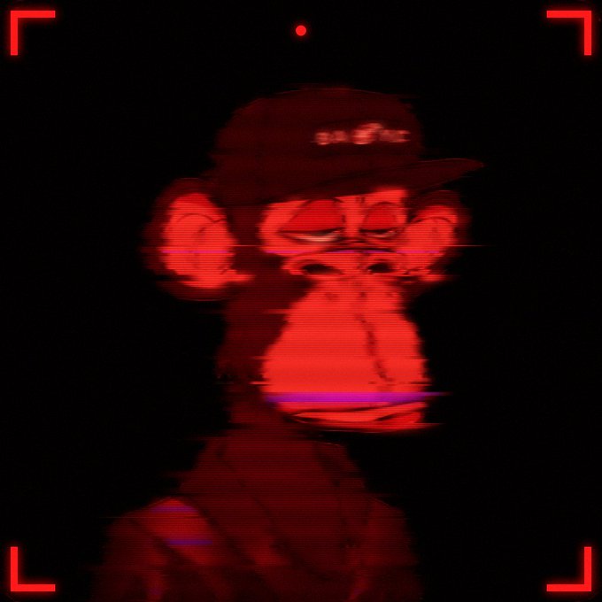 A distorted, red-tinted glitch art rendering of a Bored Ape NFT character wearing a hat, framed by red targeting brackets that evoke a surveillance or camera viewfinder aesthetic, promoting the upcoming ApeFest event at Beeple Studios on 10.17. The pixelated, eerie visual treatment reinforces the cyberpunk, crypto-native atmosphere of the Bored Ape Yacht Club community gathering.