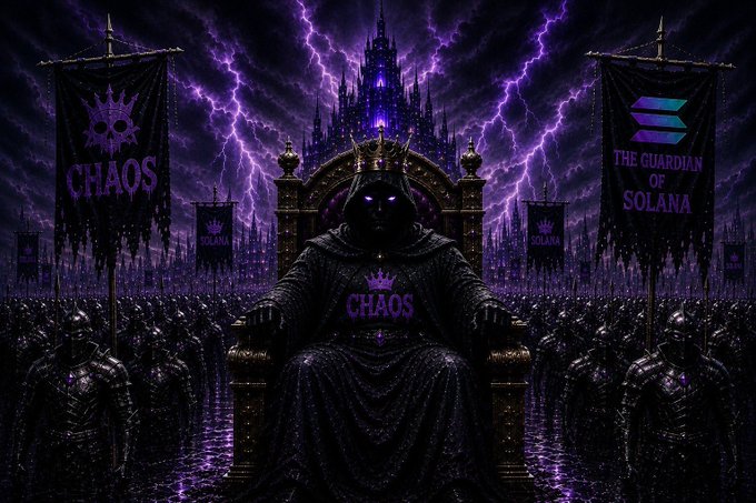 A dark fantasy artwork depicting a crowned hooded figure on a throne, flanked by banners reading 'CHAOS' and 'THE GUARDIAN OF SOLANA', set against a purple stormy sky with an army of armored knights.